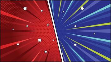 Comic Style Halftone Background, Red And Blue Color, Burst Rays, White Stars Design vector