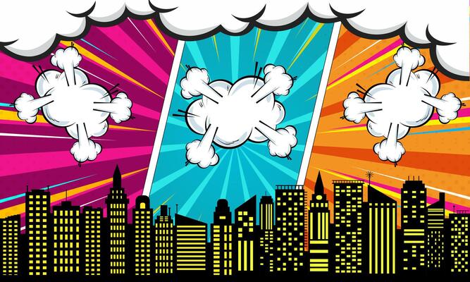 Comic Style Explosion with Cityscape Silhouette, Pop Art Background, Modern Art
