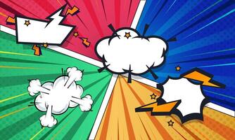 Comic Book Panels, Pop Art Style Explosion Clouds, Cartoon Blast and Colorful Rays vector
