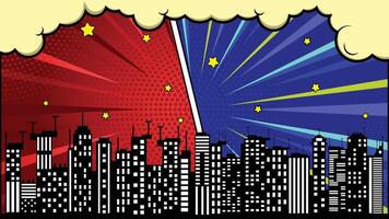 Retro Comic Style Background with City Skyline, Halftone Dotted and Starry Burst vector