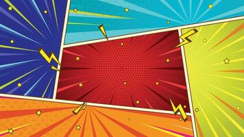 Multicolored Comic Book Panels with Rays Stars Halftone and Lightning Cartoon style vector