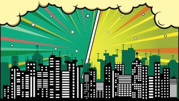 Divided City Skyline, Abstract Comic Book Style with Halftone Patterns and Star Details vector