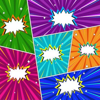 Colorful Comic Book Page with White Speech Bubbles and Cartoon Explosion Effects