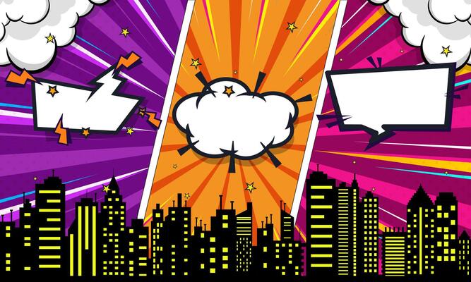 Comic Background with Cityscape Silhouettes, Stars, Speech Bubbles , Burst Effect