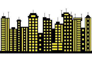 Stylized Cityscape with Yellow Windows and Tall Buildings on White Background vector