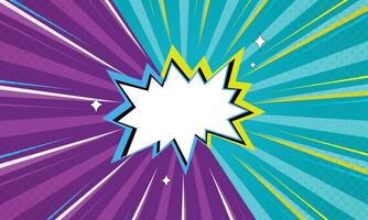 Bright Comic Explosion with Rays on Split Purple and Blue Halftone Background vector