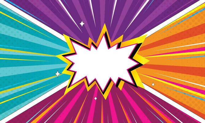 Vibrant Comic Book Style with Burst, Rays, Halftone Effects on Colorful backdrop