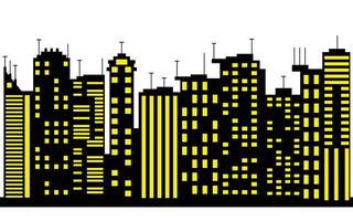 Pixelated Black Skyline with Yellow Windows, white Background, Cityscape Design vector