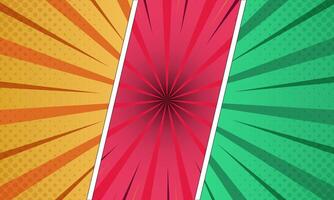 Retro Comic Book Panel Layout with Yellow, Red, Green Rays and Halftone Dots vector