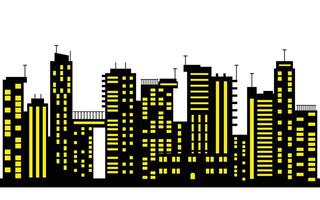 Dark City Skyline With Yellow Windows and white Background vector