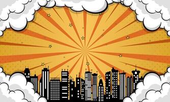 Retro Cityscape Silhouette with Burst Rays, Stars, and Clouds Comic Style Backdrop vector