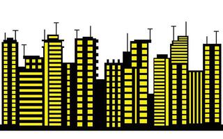 Flat Cityscape Silhouette with Yellow Windows and Antennas on white Background vector