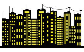 Pixel Art Cityscape with Glowing Yellow Windows on Dark Buildings, Retro Style vector