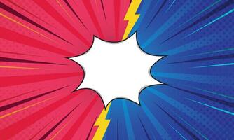 Red and Blue Comic Background with White Speech Bubble Burst and Lightning Effect vector