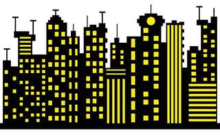 Pixel Art Style Cityscape with Yellow Windows and Detailed Building Silhouettes vector