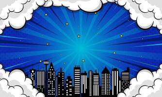 Cityscape Comic Book Style Backdrop with Burst Effect, Clouds, and Starry Sky vector