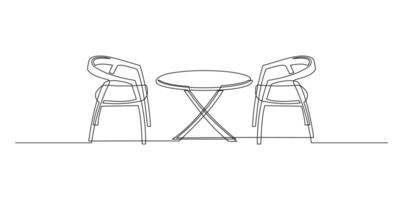 Garden Chairs and Table, Continuous Line Art Drawing of Outdoor Furniture, Black Linear Sketch on White Background. vector