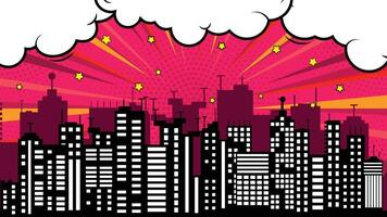 Cartoon Skyline, Cityscape Buildings with Pop Art Background and Decorative Clouds vector