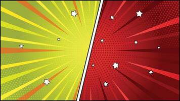 Divided Comic Style Background with Halftone, Radial Lines and Stars on Red and Green vector