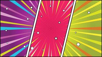Colorful Comic Panel Design with Stars Burst Lines and halftone dot pattern backdrop vector