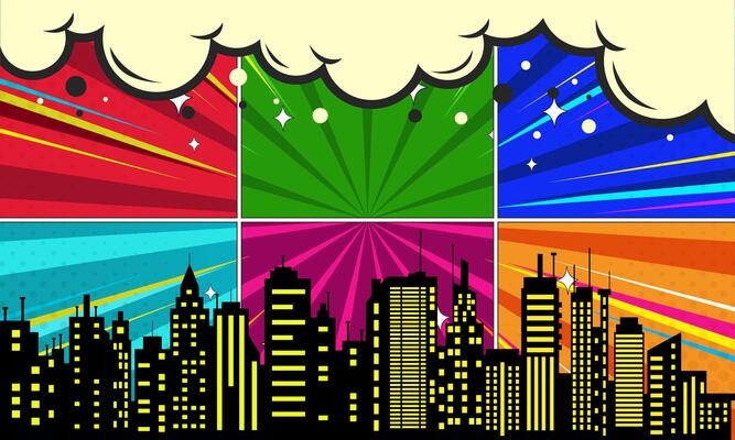 Comic Book Panel with Cityscape Silhouette and Colorful Explosion Effect
