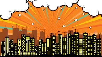 Retro Skyline Background with Pop Art Cloud, Rays and Stars, Comic Book Style vector