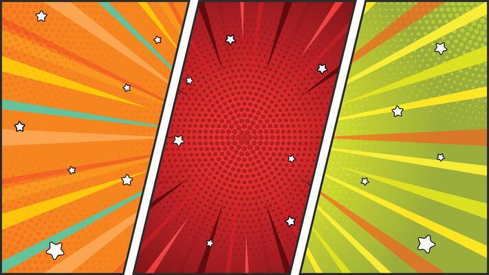Vivid Comic Book Panel Backgrounds with Stars, Halftone Effects and Stripes