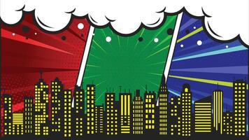 Comic Style Metropolis Skyline Cityscape Background with Retro Burst Halftone Texture Pop Art vector