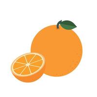 Flat style illustration of whole orange with green leaf and sliced half on white background for design use vector