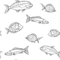 A seamless pattern featuring a variety of tropical outlines fish swimming against a light blue background, creating a vibrant and lively underwater-themed design vector