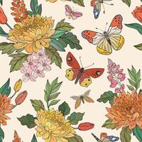 A seamless pattern featuring vibrant chrysanthemums, lupines, cherry blossoms, and tulips intertwined with lush green leaves, accompanied by colorful butterflies on a soft beige background vector