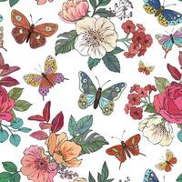 A seamless pattern featuring colorful butterflies and blooming flowers intricately arranged on a white background, creating a delicate and elegant nature-inspired design vector