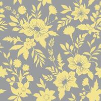 A seamless pattern featuring an elegant arrangement of golden silhouettes of flowers and leaves on gray background, natural botanical design vector