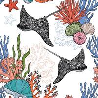 A seamless pattern featuring elegant spotted eagle rays swimming among colorful coral reefs, seaweed, and seashells in a vibrant underwater composition vector