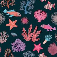 A illustration of Seamless pattern with collection of coral, sea plants, fish, starfish, and marine elements in a detailed and artistic underwater theme on dark background vector