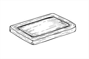 Rectangle wooden chopping board with smooth edges graphic sketch illustration painted by black inks. Tray for cutting or serving food. Tableware for eco friendly kitchens and food blogs vector