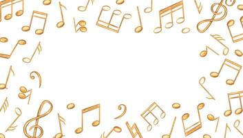 Gold music notes horizonal frame with copy space for text. Golden sound symbols watercolor illustration isolated background. Audio element rectangle border for school design, invitation, greeting card vector