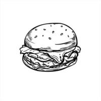 Monochrome sesame burger with meat, vegetables and sauce line art painted by black inks. Etching drawing of classic homemade beef sandwich for fast food logos, packaging, and menu design vector