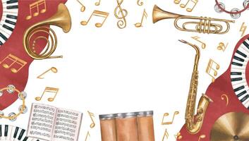 Watercolor percussion, string and wind instruments, musical notes, red splashes horizontal frame isolated background. Drum kit, double bass, piano, music notebook border with empty space for text. vector