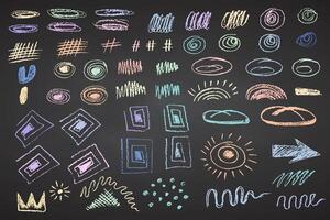Charcoal pencil hand drawing curly groovy shapes, splash and squiggles. Color chalk elements on black chalkboard Grunge chalk crayon scribbles doodle texture Rough crayon stroke illustration vector