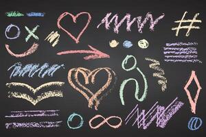 Charcoal pencil hand drawing curly groovy shapes splash and squiggles. Color chalk elements on black chalkboard Grunge chalk crayon scribbles doodles texture Rough crayon stroke illustration vector