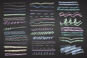 Charcoal pencil hand drawing curly lines, splash, squiggles and shapes. Color elements on black chalkboard. Grunge chalk crayon scribbles doodles textures. Rough crayon strokes. illustration. vector