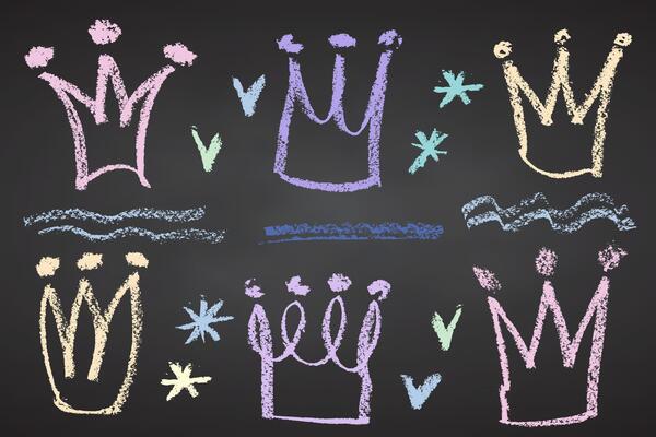 Collection of hand drawn charcoal doodle crown shapes Childish girly style. Pencil drawings Color elements on black chalkboard. Grunge chalk crayon scribbles doodles textures. illustration