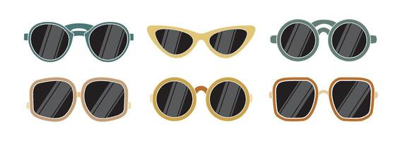 Vintage sunglasses set in retro print style. Collection of stylish eyewear with round, square, and cat-eye frames in muted colors. Perfect for fashion, summer, and hipster design projects. vector
