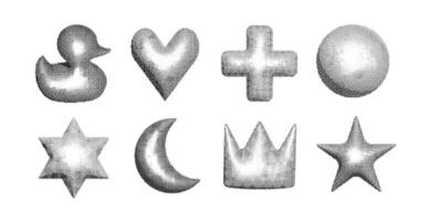 Set of futuristic bitmap pixel icons with halftone dithering effect. Abstract black and white digital shapes, including duck, heart, cross, star, moon, and crown. Perfect for retro cyberpunk design. vector