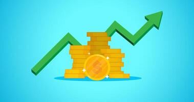 gold coins stacks with up rising green 3d arrow for financial growth, success, profit in personal growth, chart template banner background vector