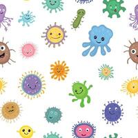 Seamless pattern with various cartoon-style gut bacteria, microbiome in the intestine vector