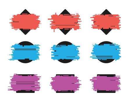 Badges with bright glitch effect frames set vector