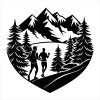 Two people running in the mountains with trees and mountains in the background vector