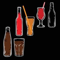 Doodle of soda bottles and glasses. Simple white outline of soft fizzy drinks. illustration for online and print design projects. vector